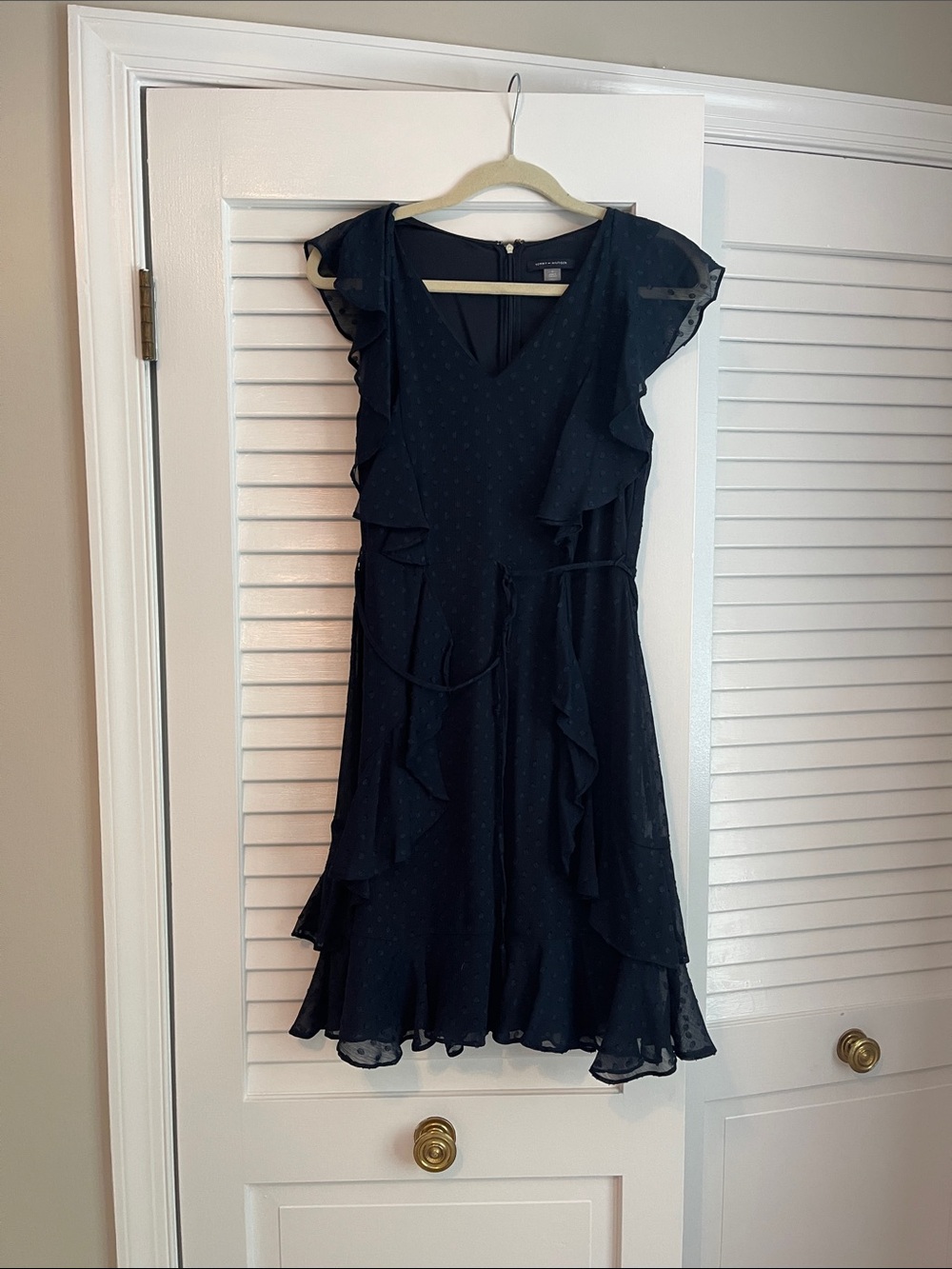 Tommy Hilfiger Navy Ruffle V-Neck Midi Dress